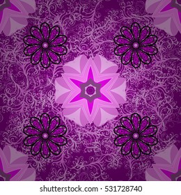 Seamless pattern with Mandalas. Vector ornaments, lilac background. Lilac, pink.