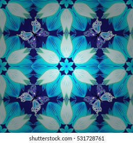 Seamless pattern with Mandalas. Vector ornaments, blue background