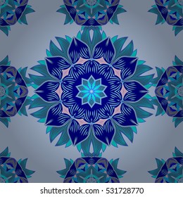 Seamless pattern with Mandalas. Vector ornaments, blue background