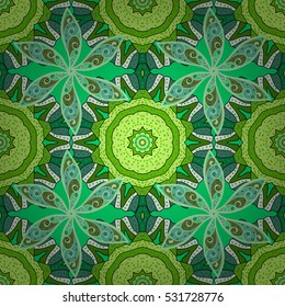 Seamless pattern with Mandalas. Vector ornaments, green background