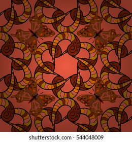 Seamless pattern with Mandalas. Vector ornaments, background. Pink. Red. Orange. Butterfly. Radial gradient shape.