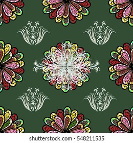 Seamless pattern with Mandalas. Vector ornaments, green background. Petal flowers.