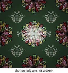 Seamless pattern with Mandalas. Vector ornaments, green background. Petal flowers. Radial gradient shape.