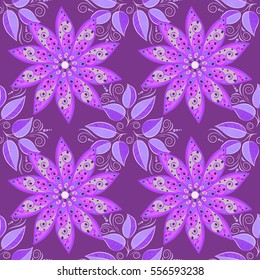 Seamless pattern with Mandalas. Vector ornaments, lilac background. Petal flowers.