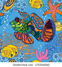Seamless pattern with mandarin dragonet, starfish, shells and blue-cheeked butterflyfish on blue background. Great for fabric, textile, decoration, wallpaper. Vector illustration.
