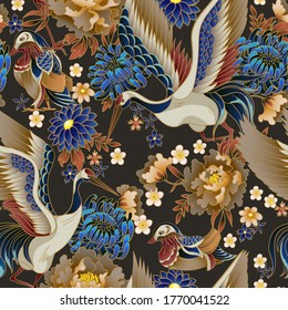 Seamless pattern with mandarin ducks, flowers and cranes. Vector.