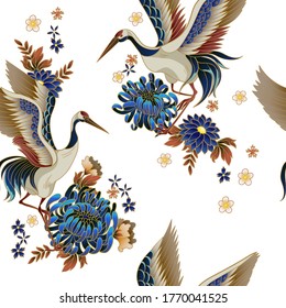 Seamless pattern with mandarin ducks, flowers and cranes. Vector.