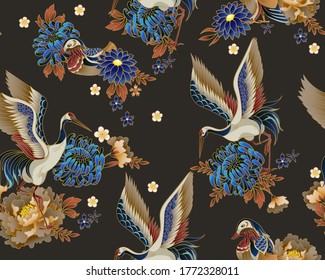 Seamless pattern with mandarin ducks, flowers and cranes. Vector.