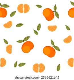 Seamless pattern of Mandarin with green leaves, whole and sliced citrus tropical fruit. Ripe exotic nutrition food, simple cartoon style. Flat vector illustration on white background