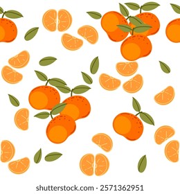 Seamless pattern of Mandarin with green leaves, whole and sliced citrus tropical fruit. Ripe exotic nutrition food, simple cartoon style. Flat vector illustration on white background