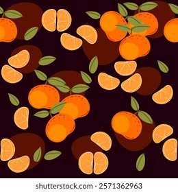 Seamless pattern of Mandarin with green leaves, whole and sliced citrus tropical fruit. Ripe exotic nutrition food, simple cartoon style. Flat vector illustration on brown background