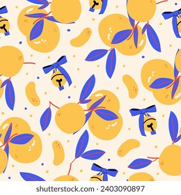 Seamless pattern with mandarin orange fruits, leaves and jingle bells. Holiday background for print, fabric, wrapping paper, wallpaper, textile, cover, apparel