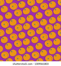 Seamless pattern. Mandarin, tangerine, orange. Exotic fruit. Hand drawn color vector sketch background. Doodle sketch wallpaper. Print