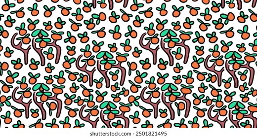 seamless pattern with mandarin trees in doodle style . Design for backgrounds, textile, fabric, print, wallpaper, wrapping