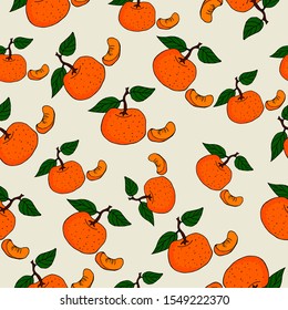 Seamless pattern with mandarines and leaves on pink background. Colorful vector background. Flat cartoon style.