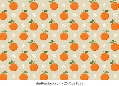 Seamless pattern with mandarins and flowers on beige background.