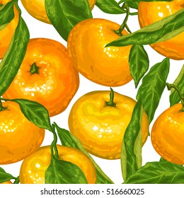 Seamless pattern with mandarins. Tropical fruits and leaves.