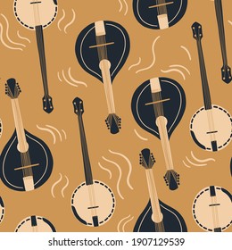 Seamless pattern with mandolin or domra, banjo and abstractions on beige background. International Music Day. Vector musical instrument set. Doodle elements	