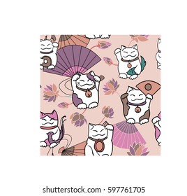 Seamless pattern with maneki neko (beckoning cats), Japanese fans, lotus flowers, fishes and traditional coins. Tender violet pink palette for children goods, rooms, pack paper, postcards, invitations