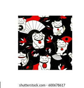 Seamless pattern with maneki neko (beckoning cats), Japanese fans, lotus flowers, fishes and traditional coins. Black white red palette. For children's goods, wrapping paper, postcards, invitations