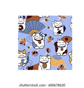 Seamless pattern with maneki neko (beckoning cats), Japanese fans, lotus flowers, fishes and traditional coins. Ochre white blue palette. For children's goods, wrapping paper, postcards, invitations