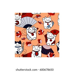 Seamless pattern with maneki neko (beckoning cats), Japanese fans, lotus flowers, fishes and traditional coins. Peach white blue palette. For children's goods, wrapping paper, postcards, invitations