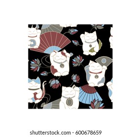 Seamless pattern with maneki neko (beckoning cats), Japanese fans, lotus flowers, fishes and traditional coins. Black white blue palette. For children's goods, wrapping paper, postcards, invitations