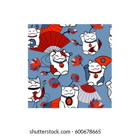 Seamless pattern with maneki neko (beckoning cats), Japanese fans, lotus flowers, fishes and traditional coins. Red white blue palette. For children's goods, wrapping paper, postcards, invitations