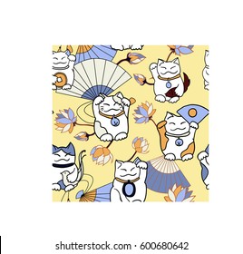 Seamless pattern with maneki neko (beckoning cats), Japanese fans, lotus flowers, fishes and traditional coins. Yellow white blue palette. For children's goods, wrapping paper, postcards, invitations