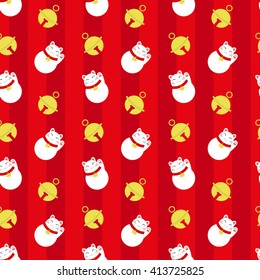 Seamless pattern with maneki neko and bells on red background. Backdrop with japanese lucky welcoming cat. Vector illustration. 