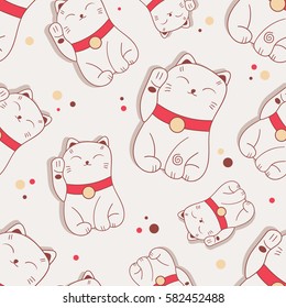 Seamless pattern with maneki neko cat, hand drawn icons. Colorful background vector. Set of japanese symbols of good luck and prosperity. Decorative illustration, lucky cats with paws