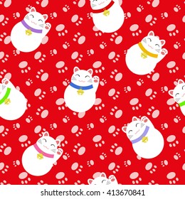 Seamless pattern with maneki neko. Endless background with japanese lucky cat. Vector illustration