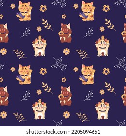 Seamless pattern with Maneki neko, japanese lucky cat, fortune symbol. Cute kitty character of oriental flat vector illustration.