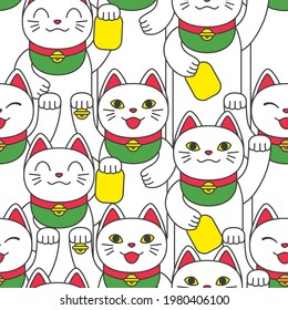Patrón sin foco con maneki neko. Un afortunado gato asiático sonriente. Ilustración del vector