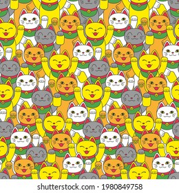 Seamless pattern with maneki neko. A lucky Asian smiling cat. Vector illustration