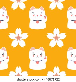 seamless pattern. maneki neko and sakura. vector illustration