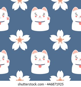 seamless pattern. maneki neko and sakura. vector illustration