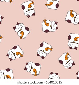 seamless pattern maneki neko symbol the attracting cat of good luck with the paw raised up and carp fish the Japanese tradition