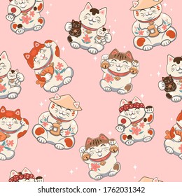 Seamless pattern with Maneki neko.Vector graphics.