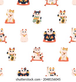 Seamless pattern with maneki-neko cats for good luck and fortune. Repeating background with Japanese lucky dolls. Printable endless texture with Asian figurines. Flat vector illustration for printing