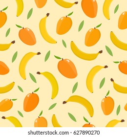 Seamless pattern with mango and banana. Tropical background