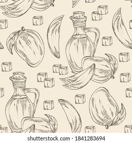 Seamless pattern with mango and bottle of mango oil. Vector hand drawn illustration