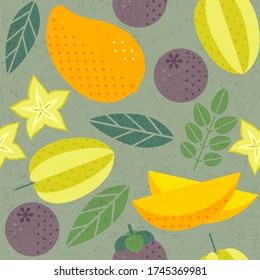 Seamless pattern. Mango, Carambola (starfruit) and Mangosteens.  Ripe fruits with leaves on shabby background. Flat illustration.