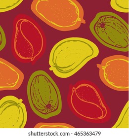 Seamless pattern with mango. Collection of mangoes. Tropical fruit. Hand drawn food background. Vector illustration.