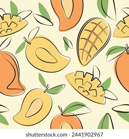 Patrón sin costuras con mango en diseño plano. Ilustración vectorial mínima plana de la fruta.
