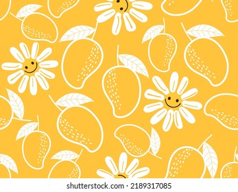 Seamless pattern with mango fruit and flower cartoons on yellow background vector illustration.