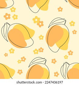 Patrón sin foco con frutos de mango y flor sobre ilustración vectorial de fondo amarillo.