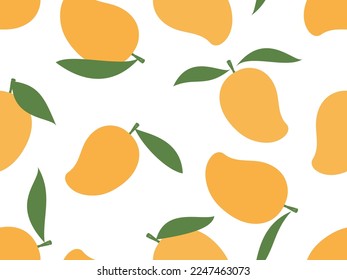 Seamless pattern with mango fruit and green leaves on white background vector illustration.