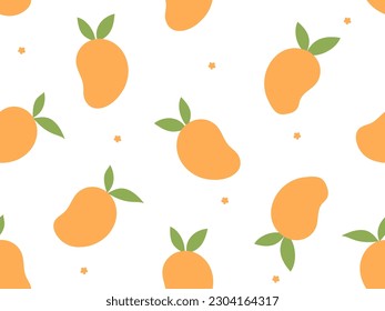 Seamless pattern of mango fruit with green leaves on white background vector illustration.