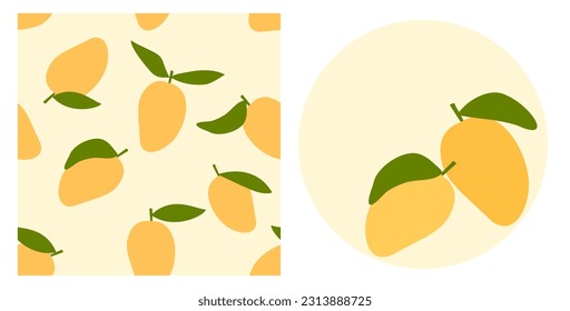 Seamless pattern of mango fruit with green leaves and mangoes on circle sign vector illustration.